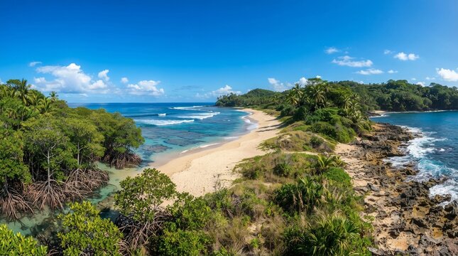 Tropical island beach paradise ocean waves lush greenery sunny day