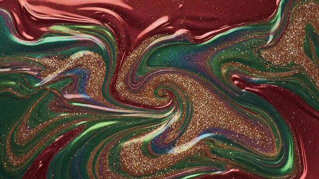 Luxury Christmas Abstract Fluid Marble Animation with Gold Glitter Red and Green Swirls Festive Holiday Background for Seasonal Motion Graphics