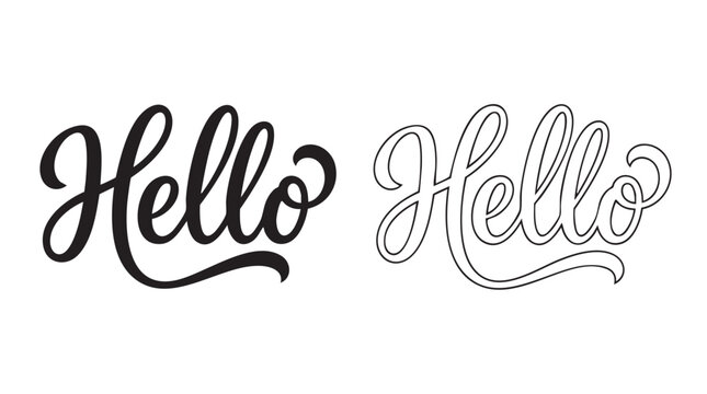 hello script silhouette witn line art vector icon featuring typography, handwritten