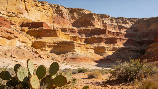Stepped rock layers in a canyon wall, desert landscape.