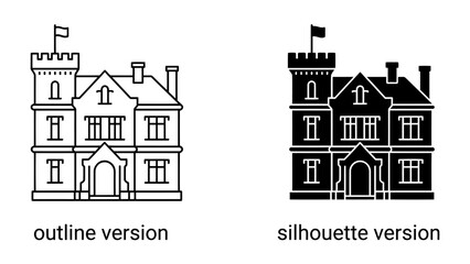 Castle Icon: A classic castle depicted in both outline and silhouette versions, showcasing its architectural grandeur with turrets, windows, and a flag. © af