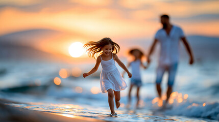 Fototapeta premium Faceless cheerful family dancing on the beach at sunset in summer representing coastal joy and holiday celebration, beach dancing concept, family photography, blurred sunset