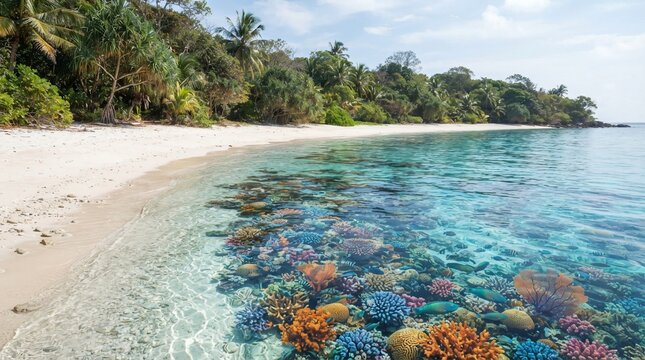 Tropical island beach paradise with coral reef underwater and lush green vegetation