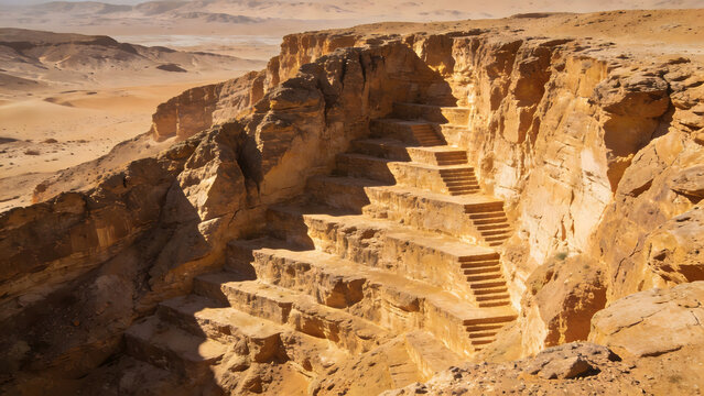 Stepped rock layers in a canyon wall, desert landscape.