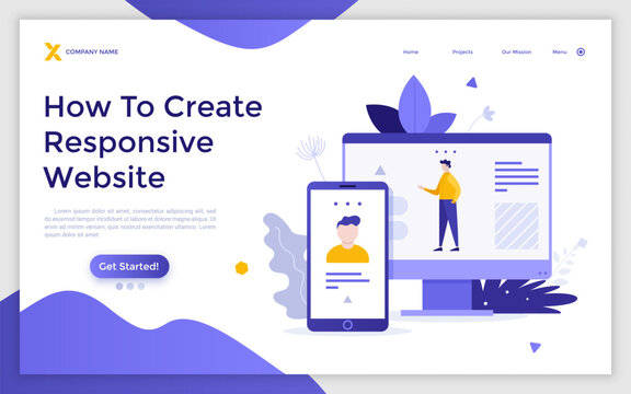 Landing page template with website on screen of computer and smartphone. Concept of responsive web design, cross-platform software, application for different devices. Modern flat vector illustration.