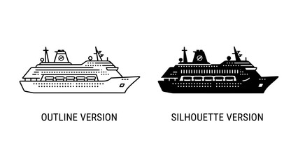 Outline and Silhouette of Cruise Ship: A side-by-side comparison showcasing the outline and silhouette versions of a cruise ship, offering versatile design options for travel and maritime themes. © af