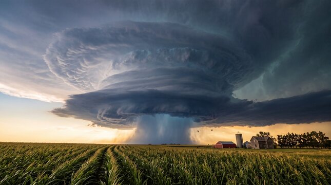 Massive supercell thunderstorm cloud looming over rural farmland with cornfields, a barn and grain silo at golden hour, representing severe weather, natural disaster and dramatic storm concept
