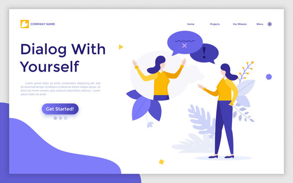 Landing page template with woman chatting with himself or his twin. Concept of dialog with yourself, inner voice or speech, self talk, internal discourse. Modern flat vector illustration for webpage.