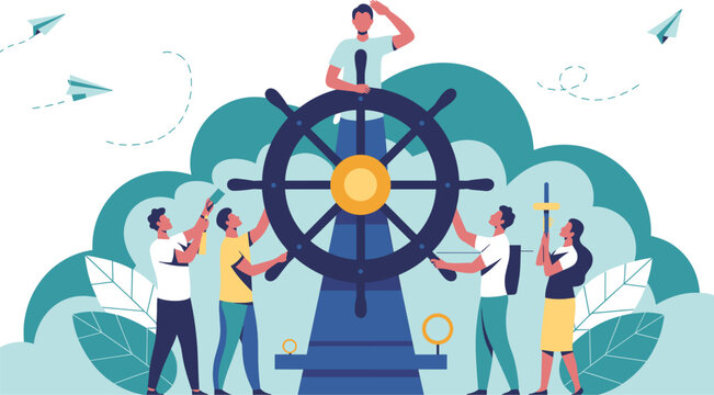 Corporate team navigating strategy and guiding direction with captain leader at steering wheel helm flat vector graphic design illustration