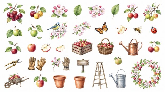 Watercolor garden and apple harvest illustration set featuring blossoms, fruits, and gardening tools