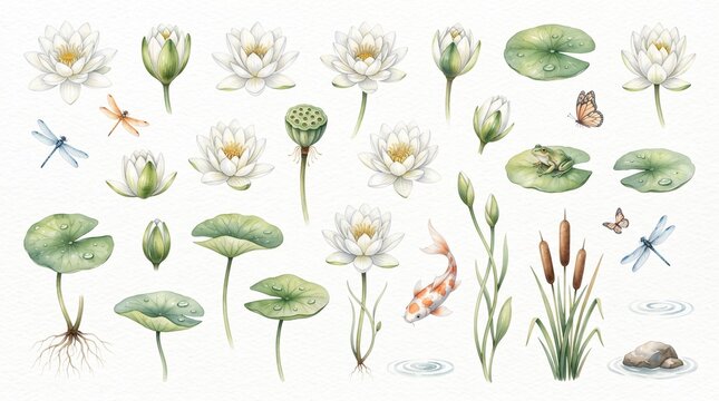 Watercolor Pond Life Collection Featuring White Water Lilies Koi Fish and Aquatic Plants