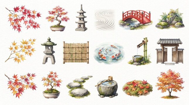 Watercolor Japanese Zen Garden Elements Clipart Set with Maple Leaves Bonsai Pagoda Koi Fish and Red Bridge