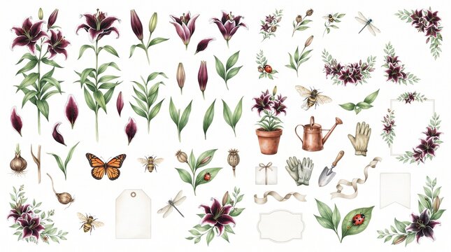 Watercolor dark purple lily flowers, green leaves, and vintage gardening tools clip art set