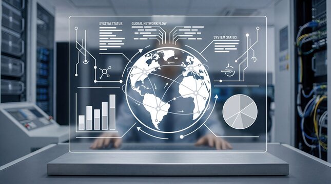 Global network flow monitoring system status dashboard on transparent screen, server room background with data charts and world map connection, IT infrastructure management and ...