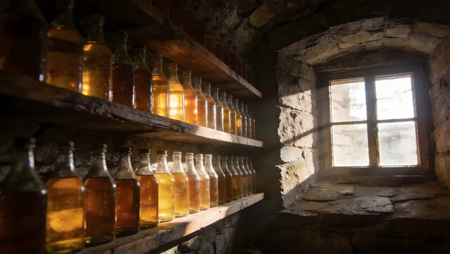 A dim stone cellar with wooden shelves holding rows of amber-filled glass bottles.