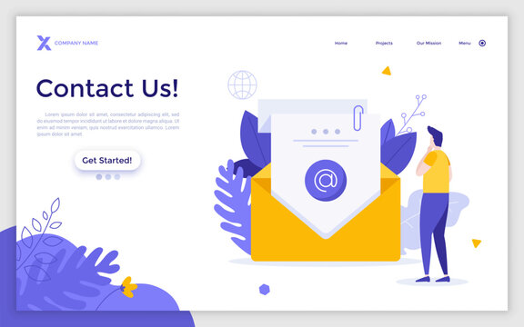Landing page template with man looking at letter with address sign in envelope. Concept of electronic message or e-mail with contact information. Modern flat colorful vector illustration for webpage.