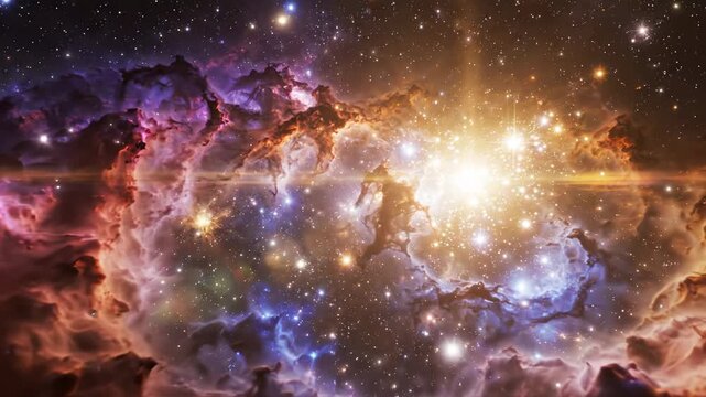 Vibrant nebula clouds glowing with stars, cosmic dust and gas in deep space, colorful celestial background for science and exploration themes