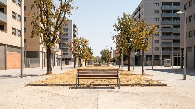 Empty urban street with dry grass and stressed trees during extreme summer heat, drought and heat wave impact in residential city area
