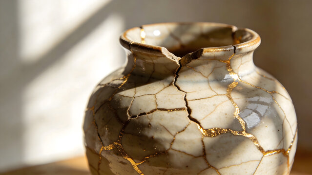 Broken terracotta pot repaired with golden kintsugi patterns on a minimalist background.