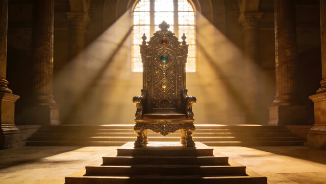 Ornate throne on steps in grand hall, dramatic window light.
