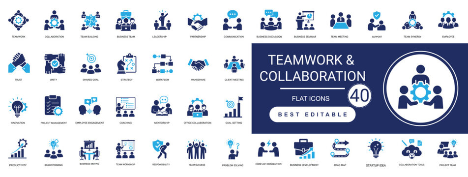 Teamwork and collaboration solid icon set featuring partnership, communication, leadership, cooperation, workflow, and productivity. Editable vector illustration.