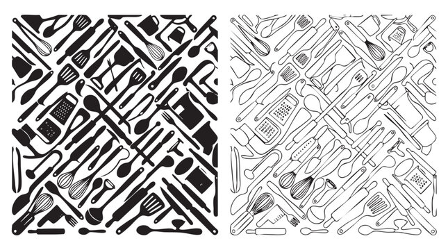 kitchen silhouette witn line art vector icon pattern design featuring lineart, utensil