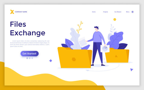 Landing page template with person taking documents out of folders. Concept of online file exchange system, digital data storage, internet data archive. Modern flat vector illustration for webpage.