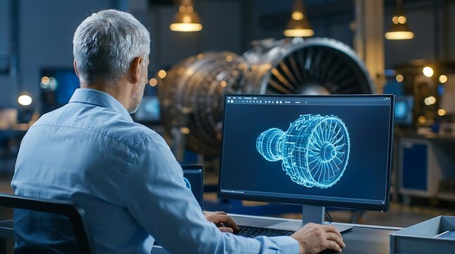engineer using advanced computer software to design complex turbine engine blueprint, detailed 3d model displayed on screen in modern workshop.