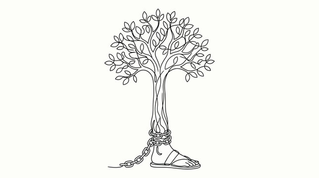 Conceptual illustration of a tree growing from a shackled human foot. Symbol of freedom and breaking free from chains.