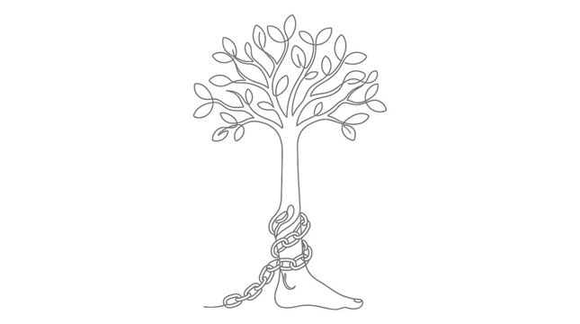 Conceptual illustration of a tree growing from a shackled human foot. Symbol of freedom and breaking free from chains.