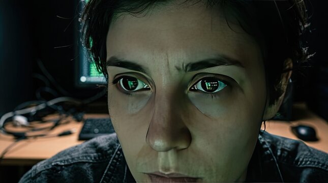 Female hacker focused on a computer screen with code reflecting in her eyes in a