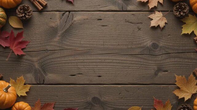Autumn Fall Leaves and Pumpkin Frame on Wood Texture, Seasonal Thanksgiving Background