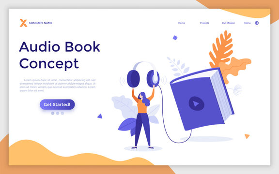 Landing page template with woman holding headphones connected to book with play button. Concept of app for listening to digital audiobooks and podcasts, audio literature. Flat vector illustration.