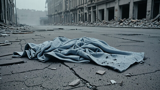 A discarded fabric sheet on a cracked, debris-strewn street in a desolate, war-torn city landscape