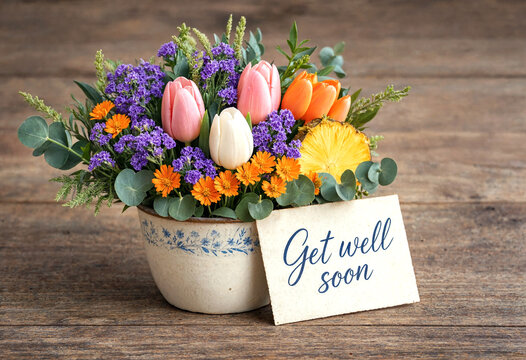 Beautiful flower bouquet with tulips and greenery in a pot with get well soon card