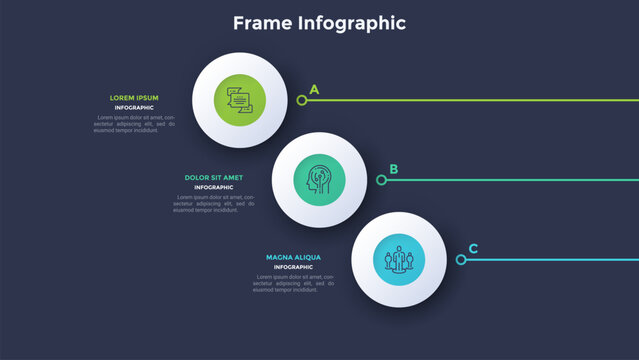 Modern circular infographic template with three steps for business presentation. Vector illustration layout design with icons and text placeholders for data visualization and company workflow.