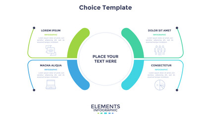 Plakat Infographic template with four options and central circular element. Business presentation diagram with split layout and icons for data visualization. Modern vector illustration, business design