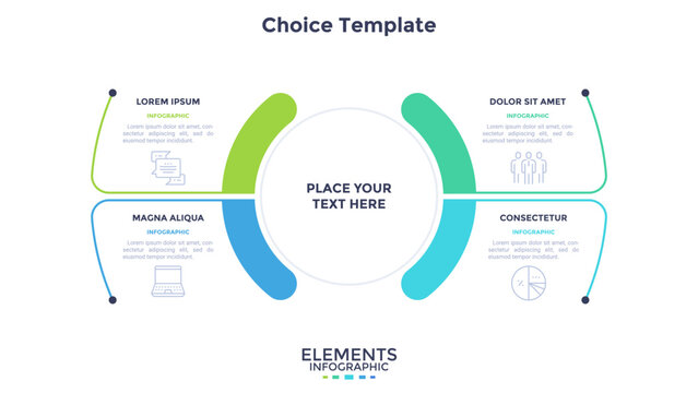 Infographic template with four options and central circular element. Business presentation diagram with split layout and icons for data visualization. Modern vector illustration, business design