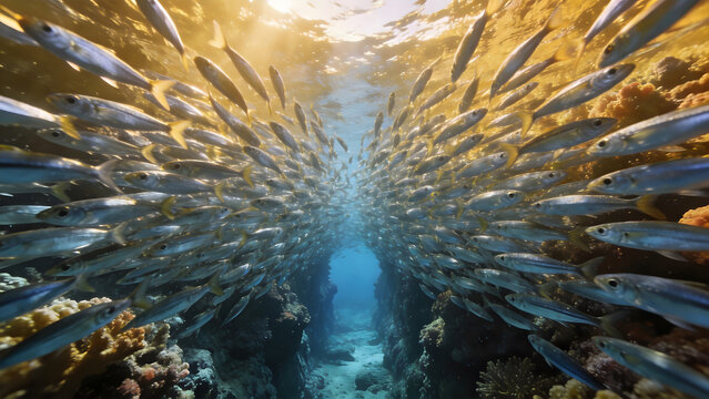 A large school of sardines moving tightly through a narrow coral passage.