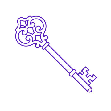 Antique skeleton key icon, ornate vintage key outline, purple vector illustration