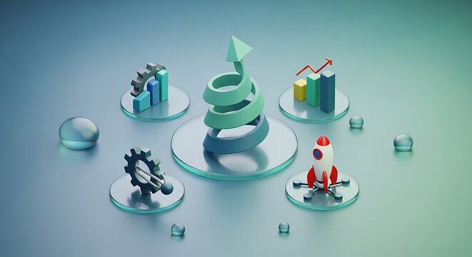 Isometric 3D rendering of business and growth concept with graphs, gears, and rocket