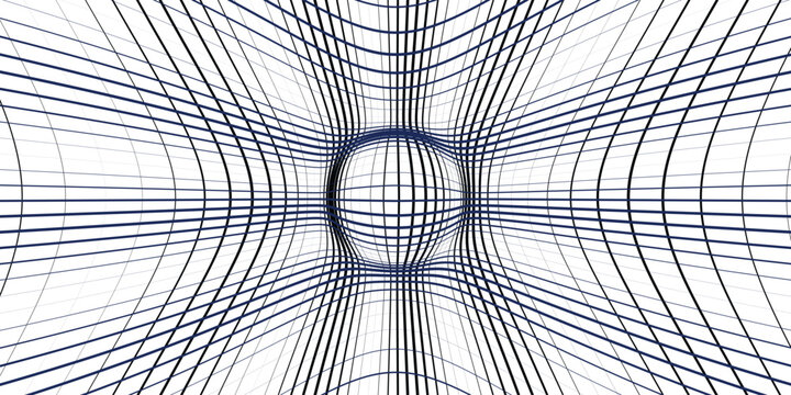 Abstract vector graphic illustration showing a distorted grid pattern with a central spherical bulge effect in blue and black colors
