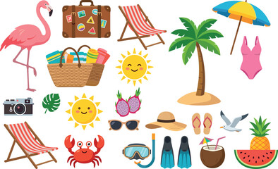 Summer beach vacation vector icon set featuring flat illustration elements like palm tree flamingo lounge chair suitcase and tropical travel symbols on white background. © Lili Begum