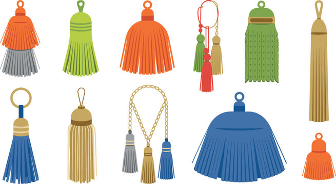Decorative tassel collection vector set with various classic curtain tieback fringe pendants and cords isolated on white background home decor fashion accessories