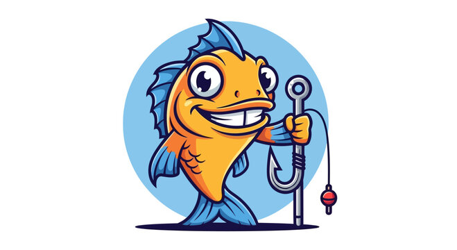Happy Cartoon Fish Holding Fishing Hook with Bobber