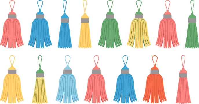 Colorful decorative tassel vector icon set with various multi colored fringe pendants isolated on white background fashion craft design element collection