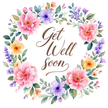 Beautiful watercolor floral wreath with get well soon message for greeting cards