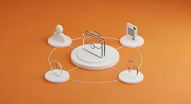 Isometric graphic of business icons connected by lines, on an orange background
