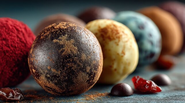 Close-up of gourmet truffles in a variety of colors and textures, artfully arranged on a surface