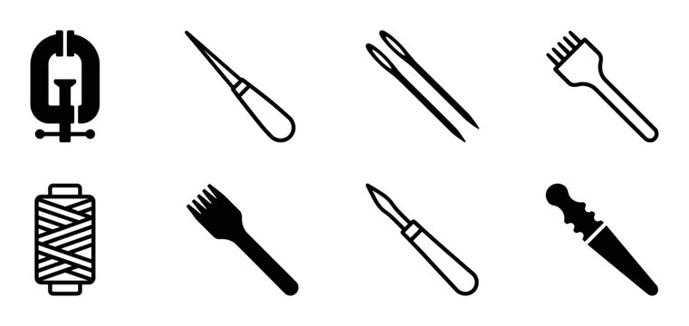 Set of black leatherworking tool icons for handmade crafting, featuring a clamp, awl, needles, pricking iron, thread, and skiving knife in a minimalist glyph and line art style